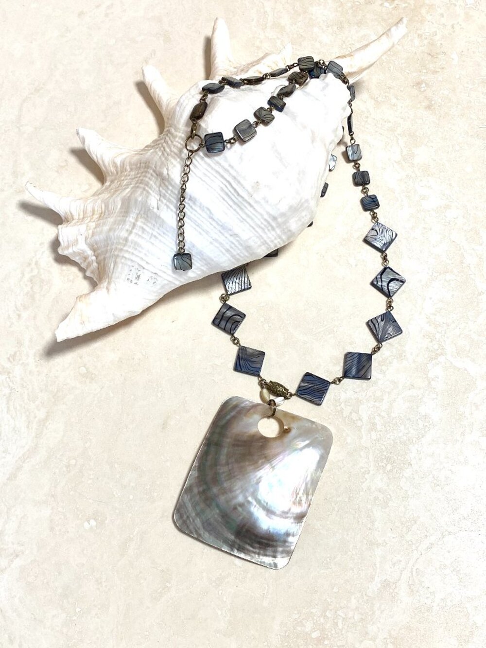 Rainbow Abalone Pendant & Dark Blue Mother of Pearl Bronze Link Long Necklace